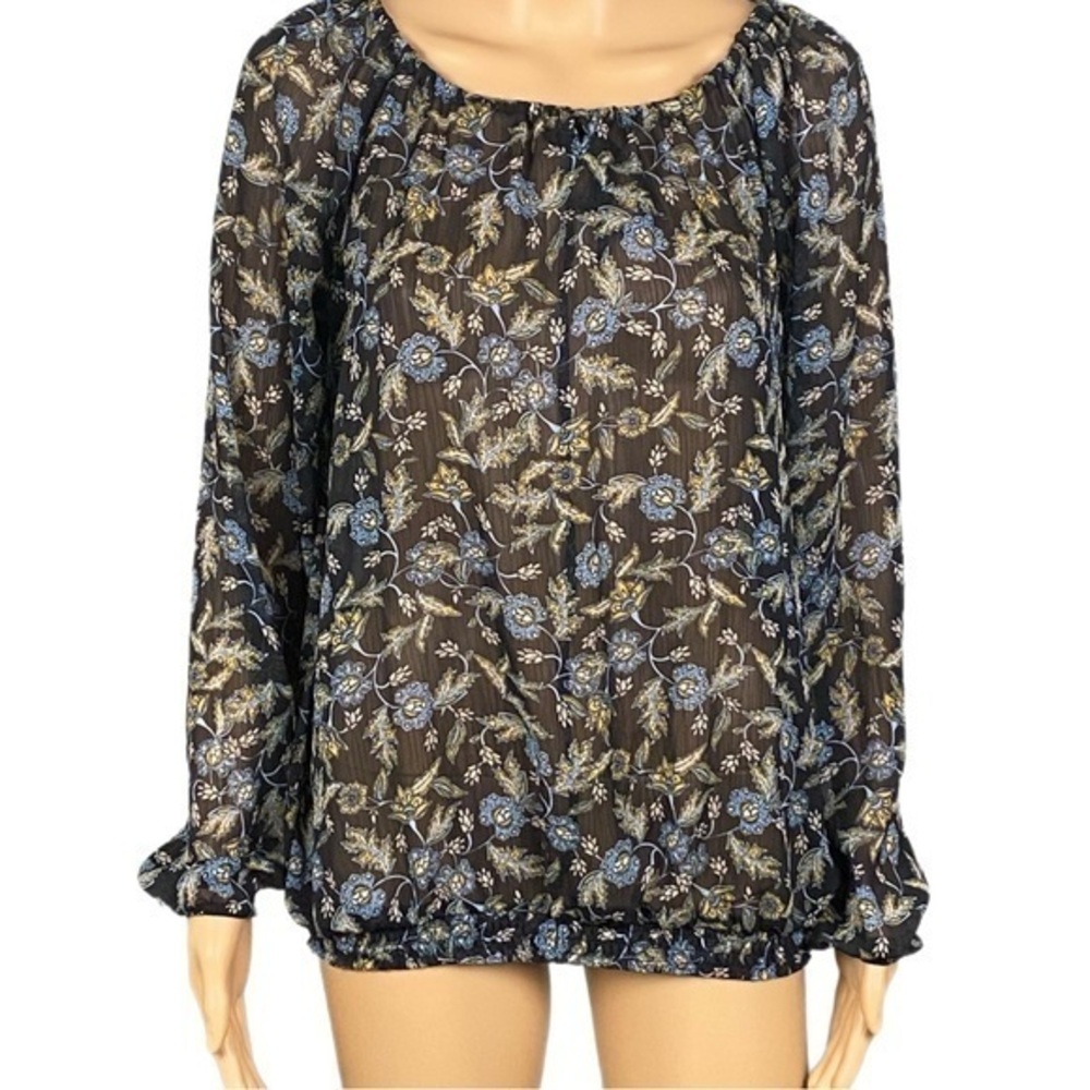 CHELSEA & THEODORE sheer black blouse with yellow and blue flowers. Large. EUC